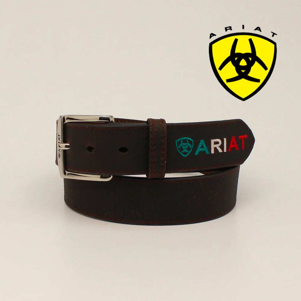 Ariat Rowdy Brown Men's Embroidered Shield Mexico Belt - Genuine Leather, Removable Buckle