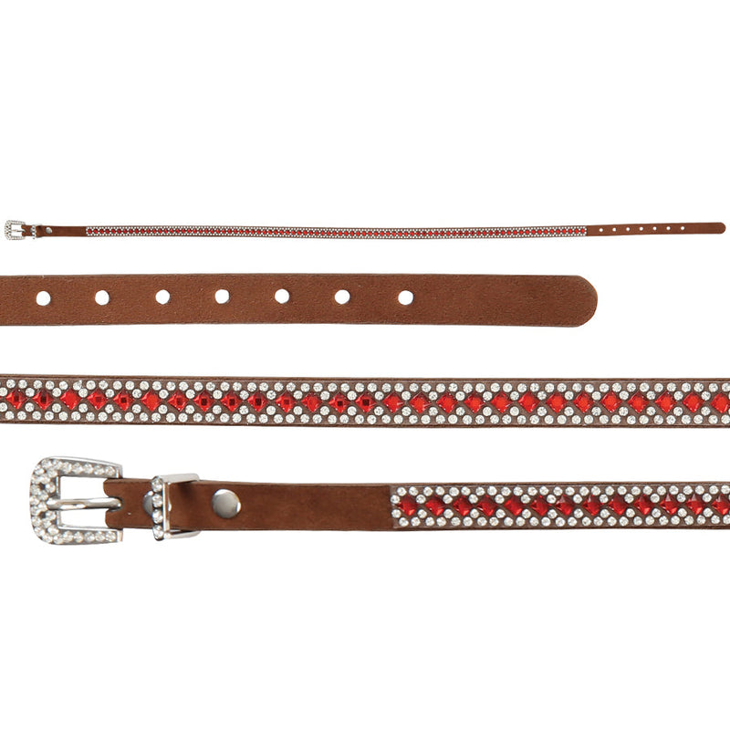 Cinta para sombrero EL GENERAL de piel sintética con diseño de diamantes de imitación rojos y transparentes