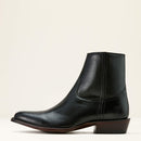 A black, leather ARIAT men's western boot with a side zip, showing an almondt toe and a low heel.