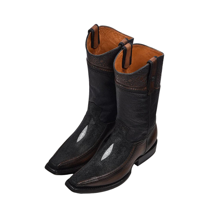 CUADRA Men's Leather Stingray Laser Narrow Square Toe Western Boot, Black
