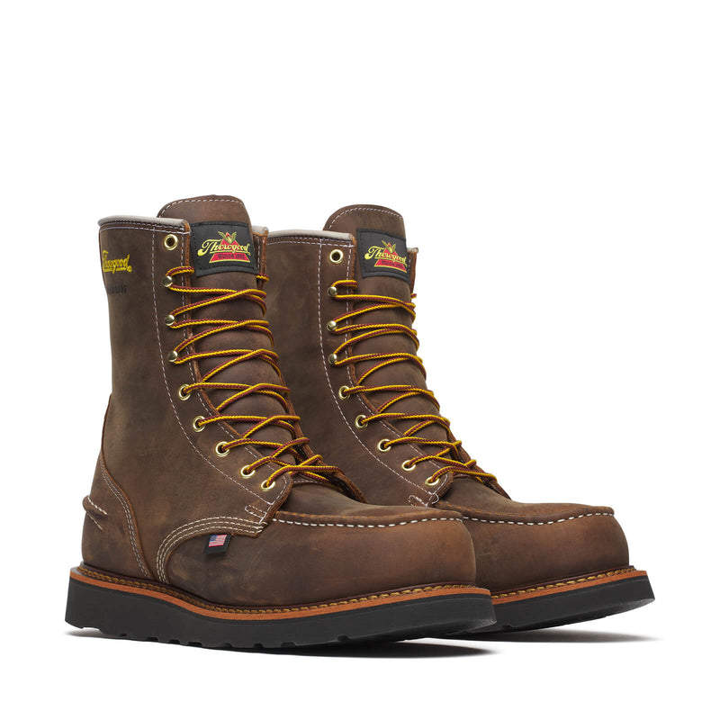 THOROGOOD Men's Work Boot 8" Steel Toe Waterproof Wedge Sole Moc Toe, Brown