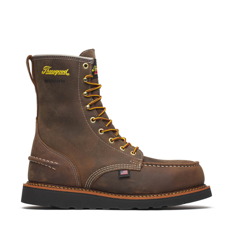 THOROGOOD Men's Work Boot 8" Steel Toe Waterproof Wedge Sole Moc Toe, Brown