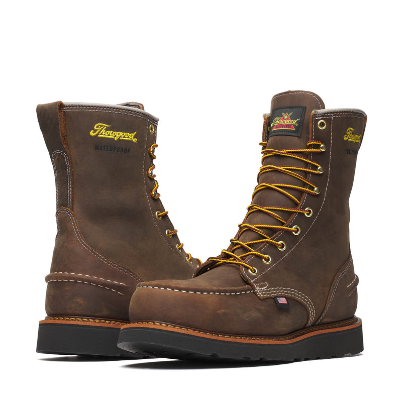THOROGOOD Men's Work Boot 8" Steel Toe Waterproof Wedge Sole Moc Toe, Brown
