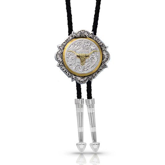 MONTANA Silversmiths Silver and Gold Engraved Button Longhorn Bolo Tie