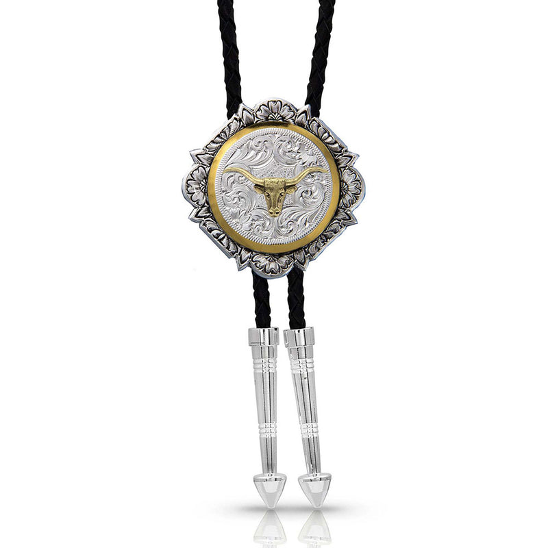 MONTANA Silversmiths Silver and Gold Engraved Button Longhorn Bolo Tie