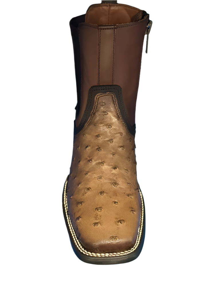 CUADRA Men’s Exotic Ostrich Leather Square Toe Western Ankle Boot with Side Zipper CU889