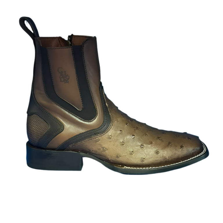 CUADRA Men’s Exotic Ostrich Leather Square Toe Western Ankle Boot with Side Zipper CU889