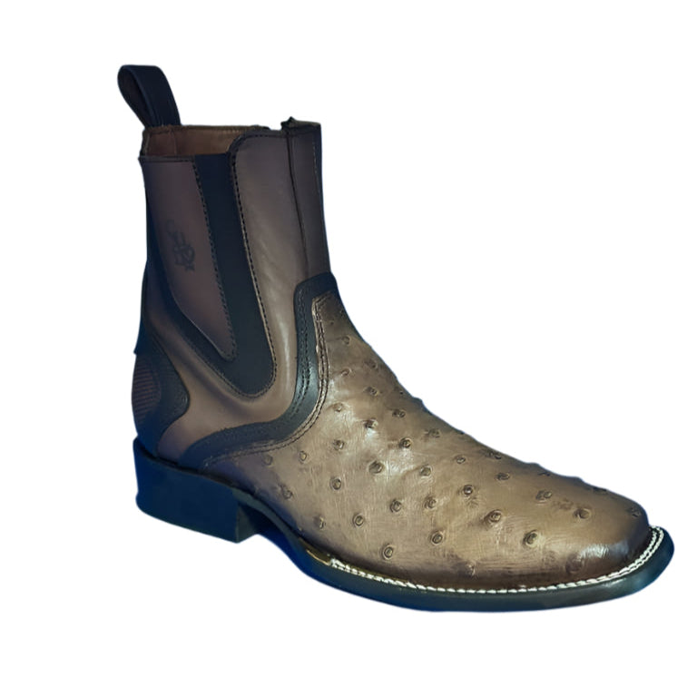 CUADRA Men’s Exotic Ostrich Leather Square Toe Western Ankle Boot with Side Zipper CU889