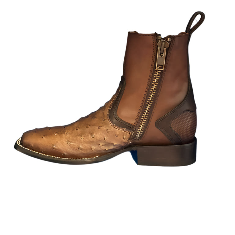 CUADRA Men’s Exotic Ostrich Leather Square Toe Western Ankle Boot with Side Zipper CU889
