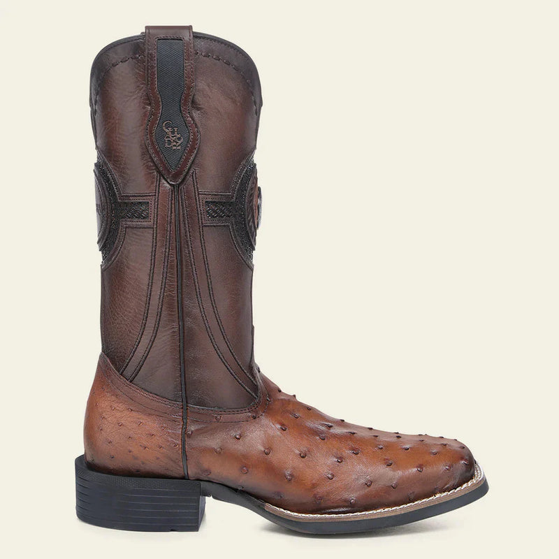 CUADRA Men's Orange & Honey Ostrich Studs & Embroidery & Woven Square Toe