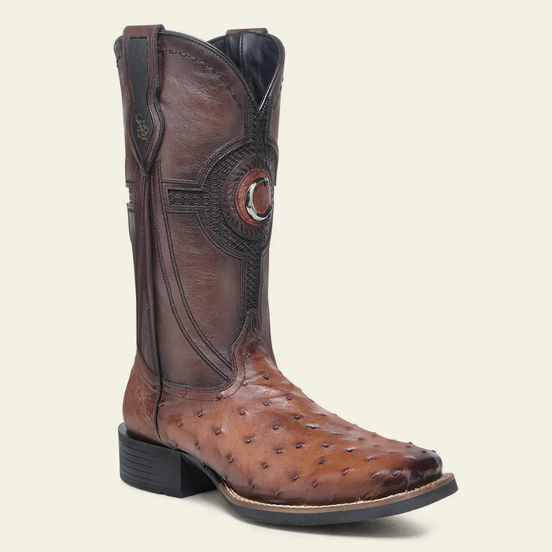 CUADRA Men's Orange & Honey Ostrich Studs & Embroidery & Woven Square Toe