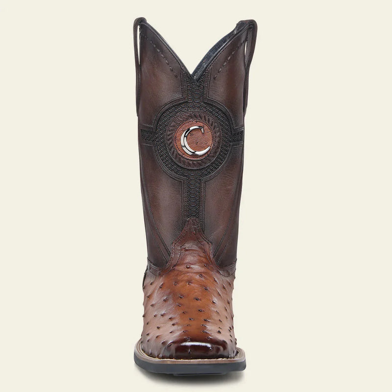 CUADRA Men's Orange & Honey Ostrich Studs & Embroidery & Woven Square Toe
