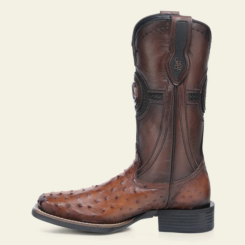 CUADRA Men's Orange & Honey Ostrich Studs & Embroidery & Woven Square Toe