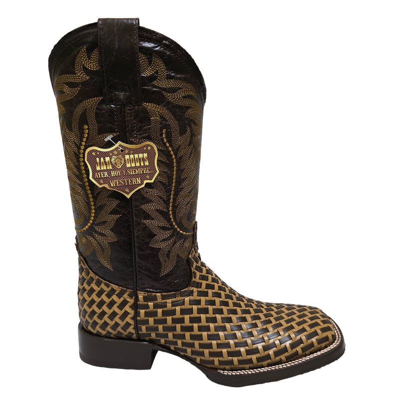JAR BOOTS Men's Basket-Weave Vamp Bulldog Toe Western Boot, Brown