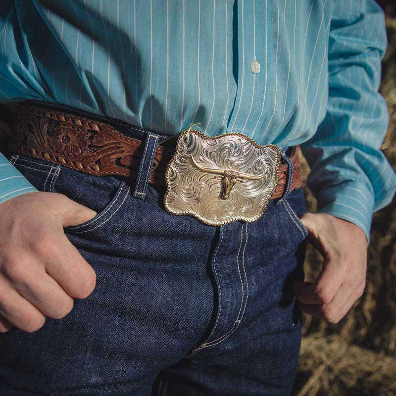 MONTANA Silversmiths Bold Engraved Scalloped Buckle With Longhorn