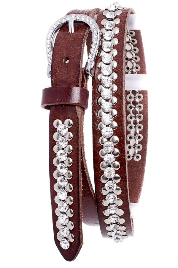Women's Rhinestone and Metal Studded Western Leather Belt 108