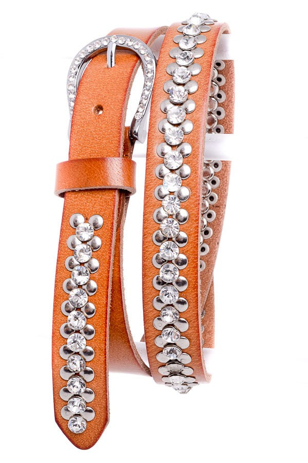 Women's Rhinestone and Metal Studded Western Leather Belt 108