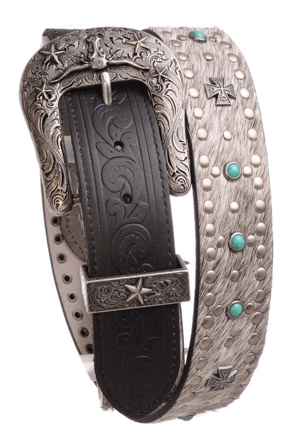 Women's Turquoise and Cross Studded Leather Fur Belt 6091