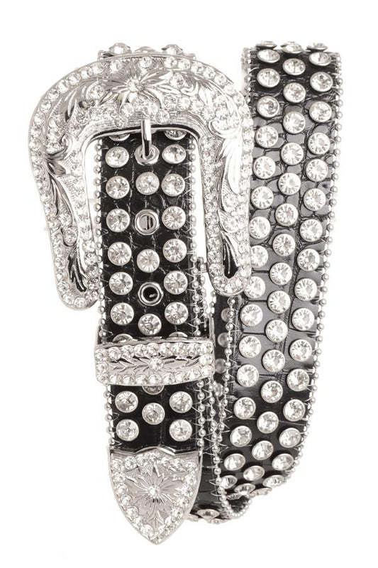 Cinturón de piel con tachuelas y diamantes de imitación de tres líneas para mujer 6531