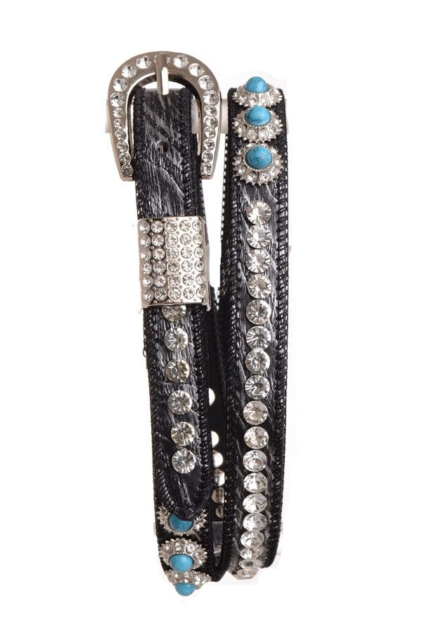 Women's  Turquoise Rhinestone Studded Leather Skinny Belt 6532