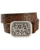 ARIAT Women’s Embossed Leather Belt with Silver Engraved Buckle, Brown