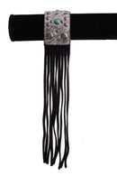 Women's Turquoise & Metal Studded Leather Fur Fringe Cuff A1077