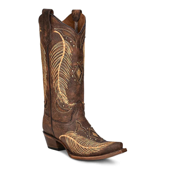 CORRAL BOOTS Women's Circle G By Corral® Inlay & Feather Embroidered Brown Boots 2 Inch Heel Height L5852